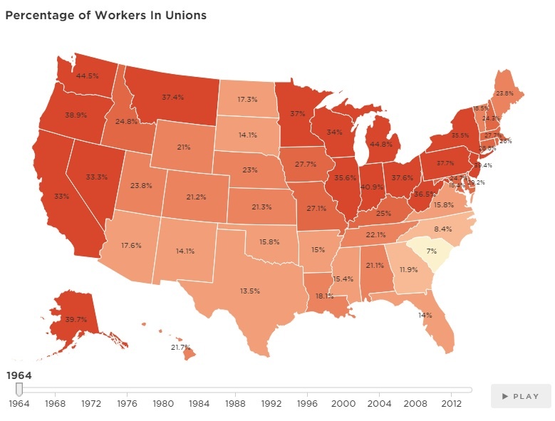 Union Membership in 50 states in 1964